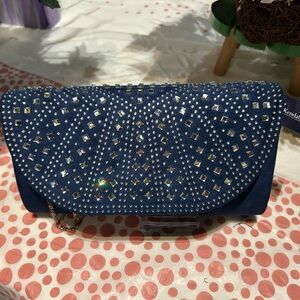 Embellished Navy Evening Clutch with Chain Strap